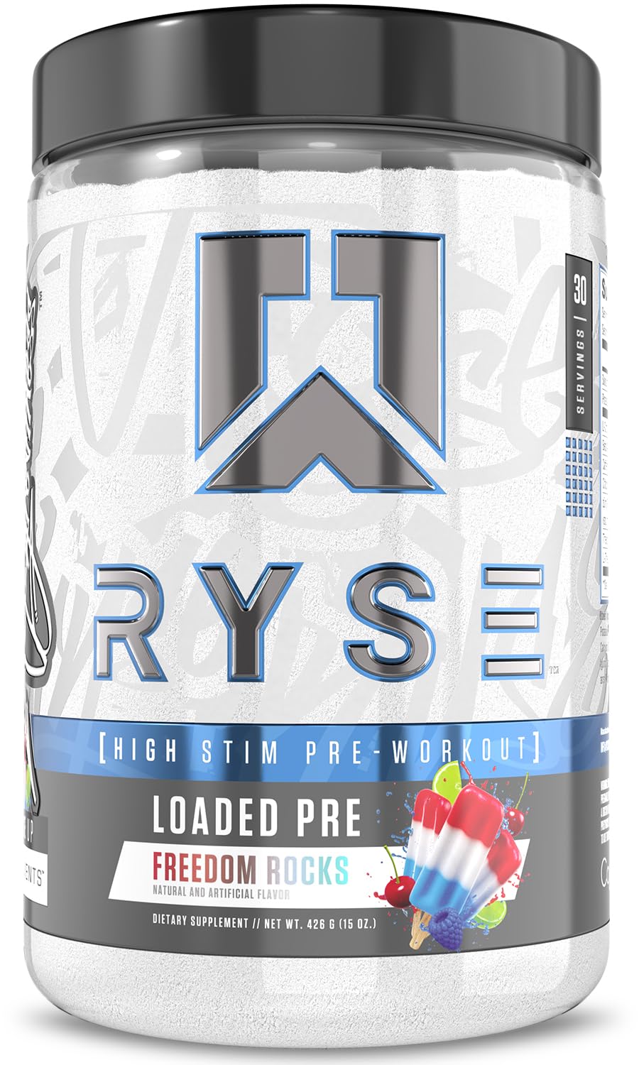 RYSE Up Supplements envase frontal mostrando branding y cantidad