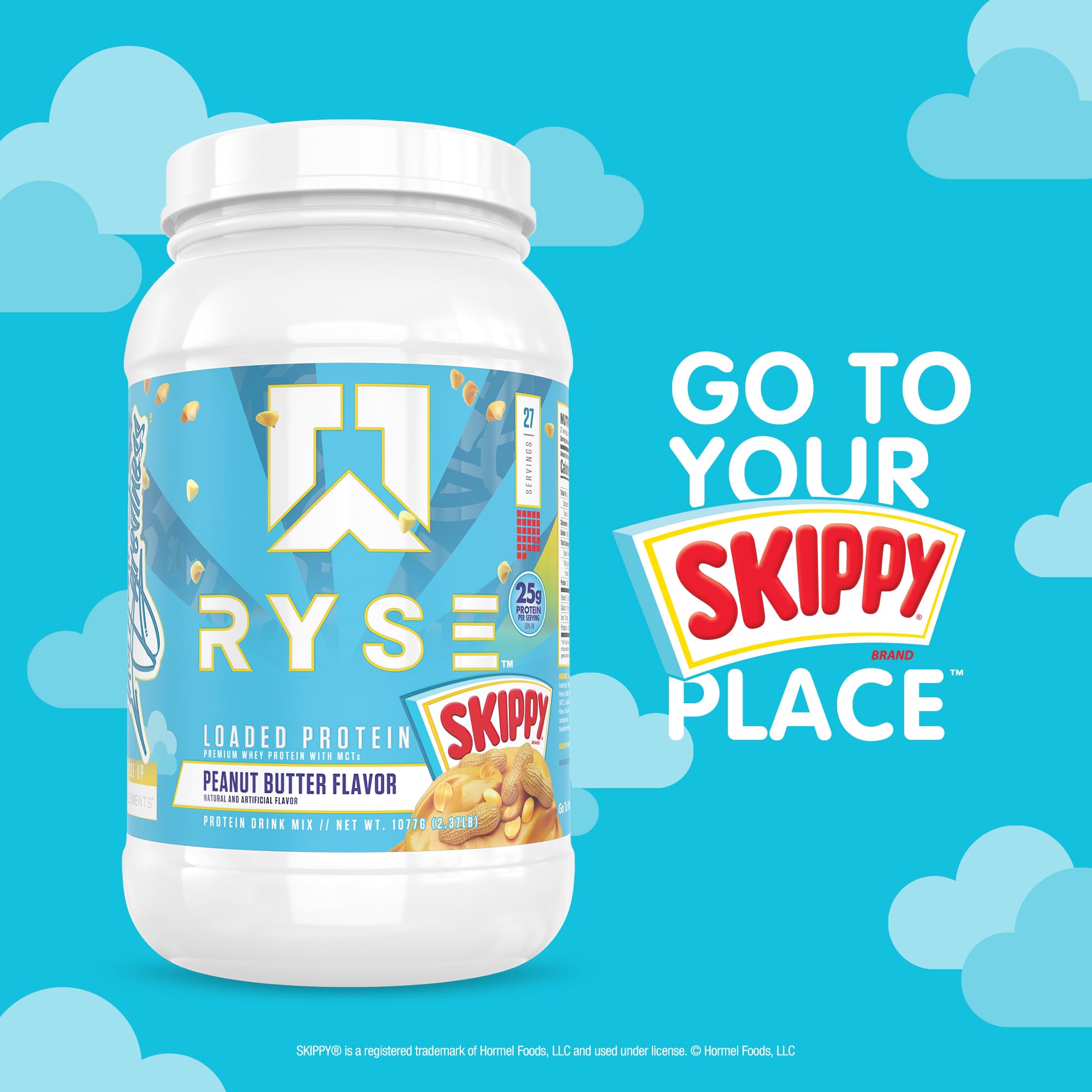 RYSE Up cucharada con porción de polvo mostrando 25 g de proteína
