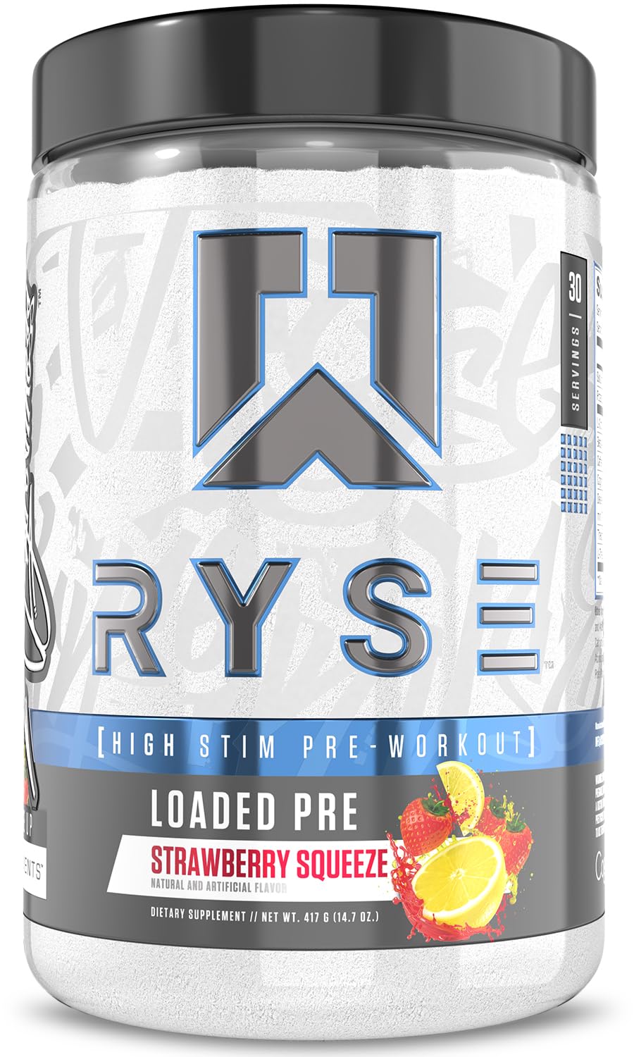 RYSE Up Supplements frontal del envase mostrando el sabor y beneficios