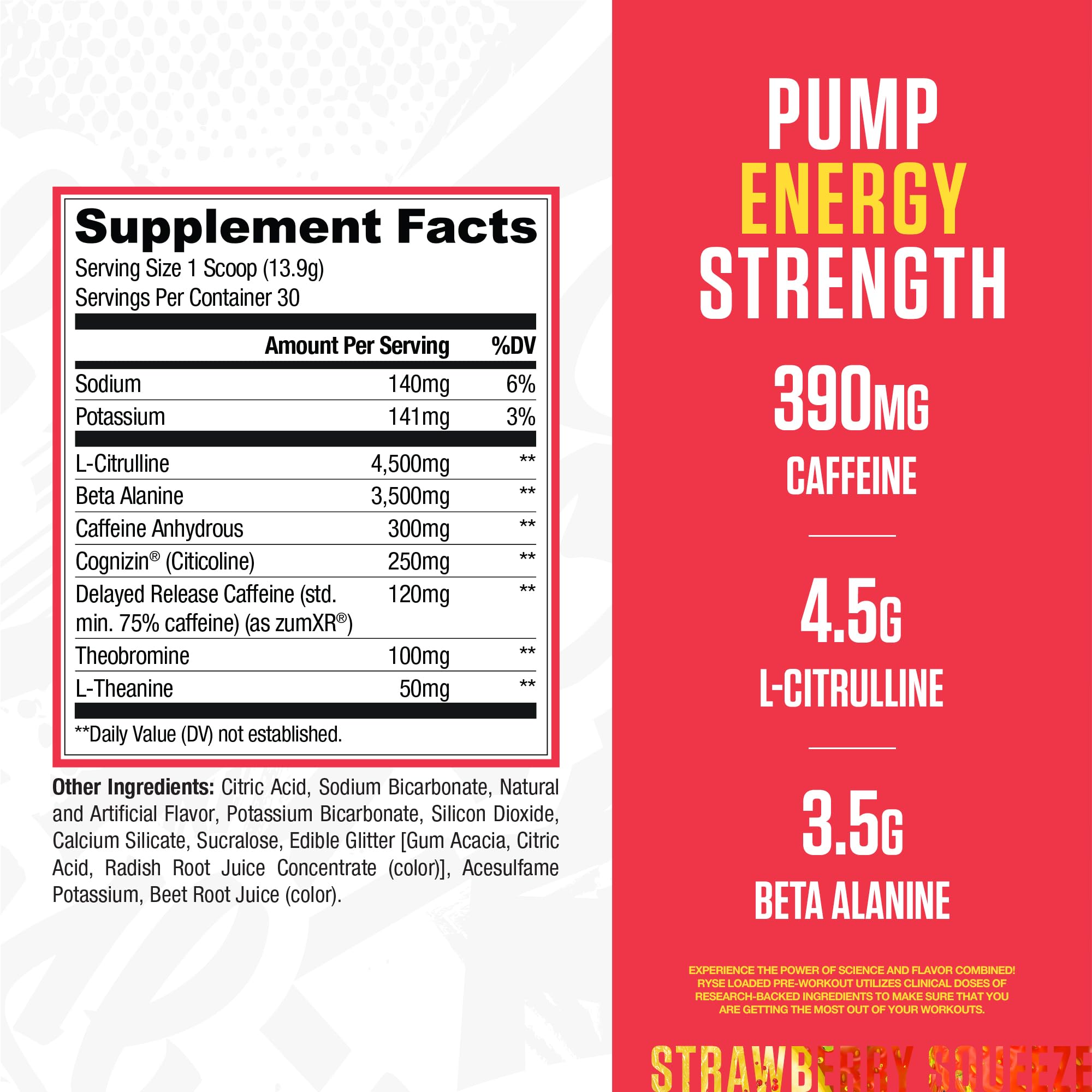 RYSE Up Supplements textura del polvo rosado indicada para disolución rápida