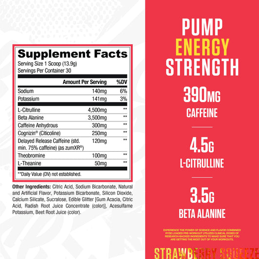 RYSE Up Supplements textura del polvo rosado indicada para disolución rápida