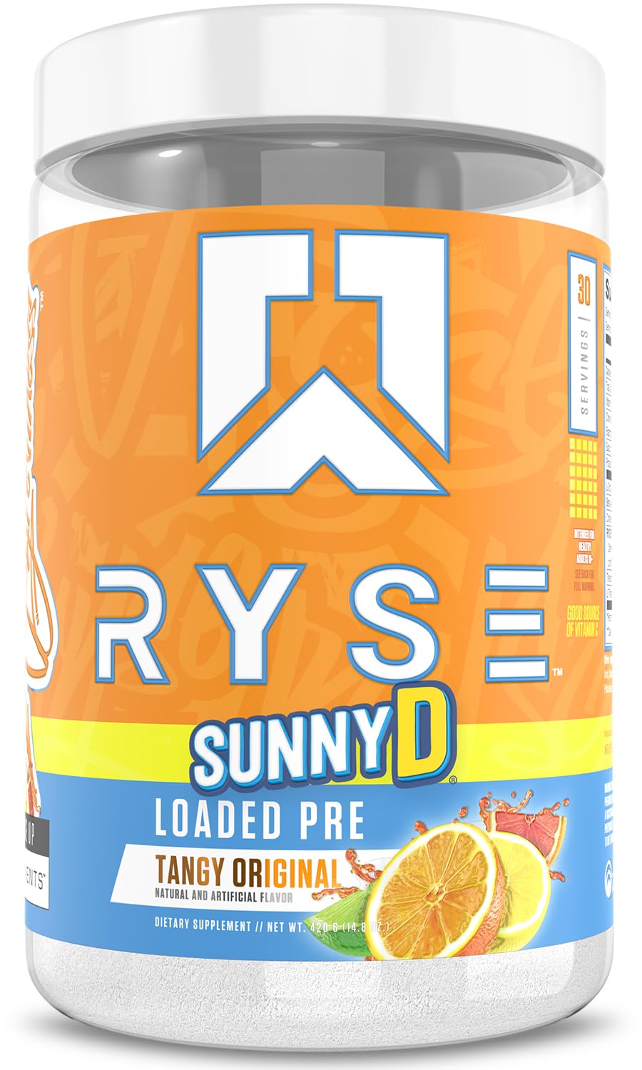 RYSE Up Supplements tarro frontal mostrando diseño y sabor SunnyD Tangy
