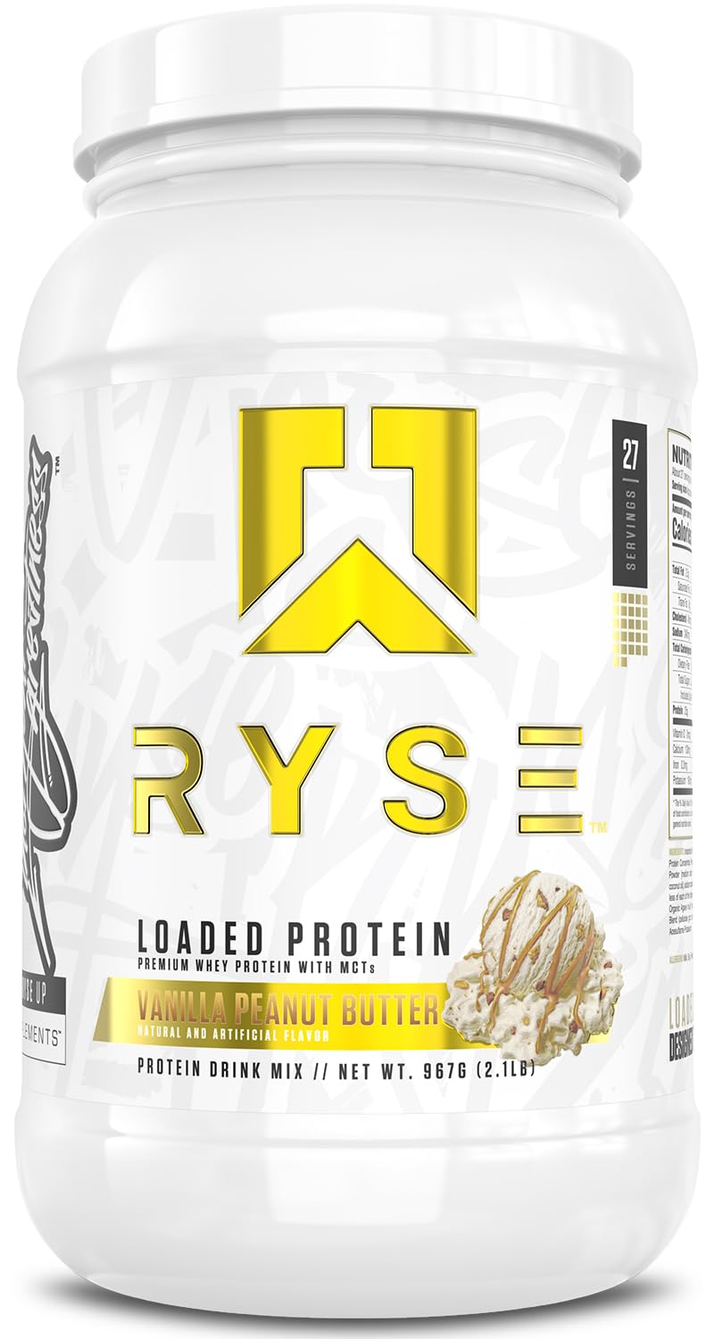 RYSE Up frente del envase Vainilla Peanut Butter mostrando tamaño y marca