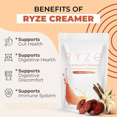 RYZE SUPERFOODS primer plano del polvo cremoso, beneficio textura cremosa