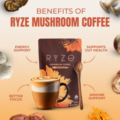 RYZE SUPERFOODS textura del polvo en primer plano, mezcla orgánica visible