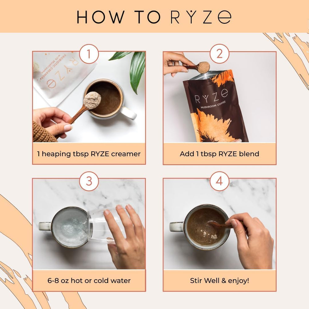RYZE SUPERFOODS escena matutina con producto en rutina, beneficio bienestar diario