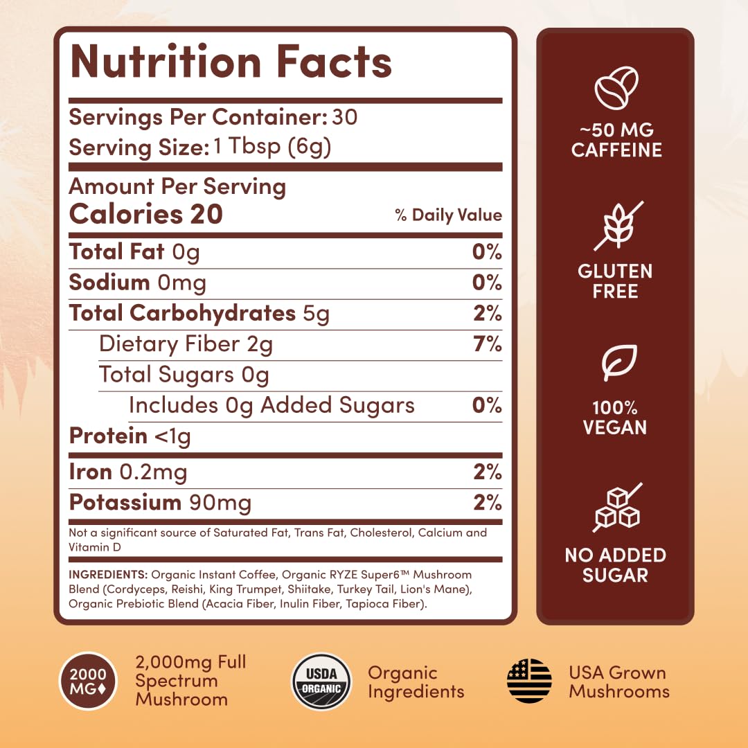 RYZE SUPERFOODS etiqueta con ingredientes orgánicos, transparencia y confianza