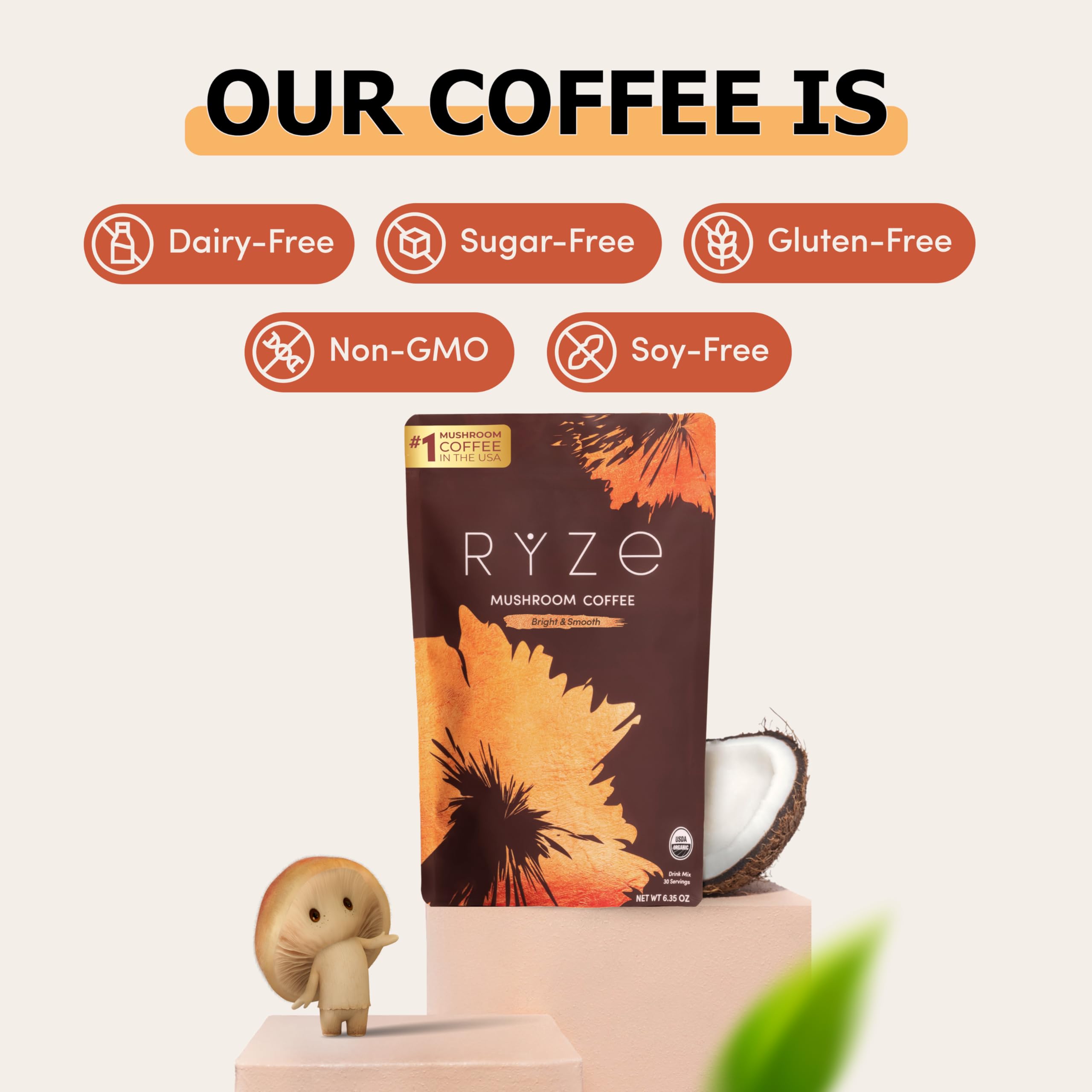 RYZE SUPERFOODS etiqueta con ingredientes visibles, beneficio transparencia nutricional