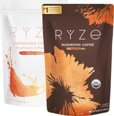 RYZE SUPERFOODS frente del paquete mostrando el bundle, beneficio energía sostenida