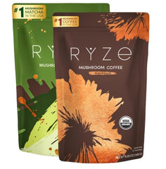 RYZE SUPERFOODS pack frontal mostrando café matcha y creamer, conveniencia diaria