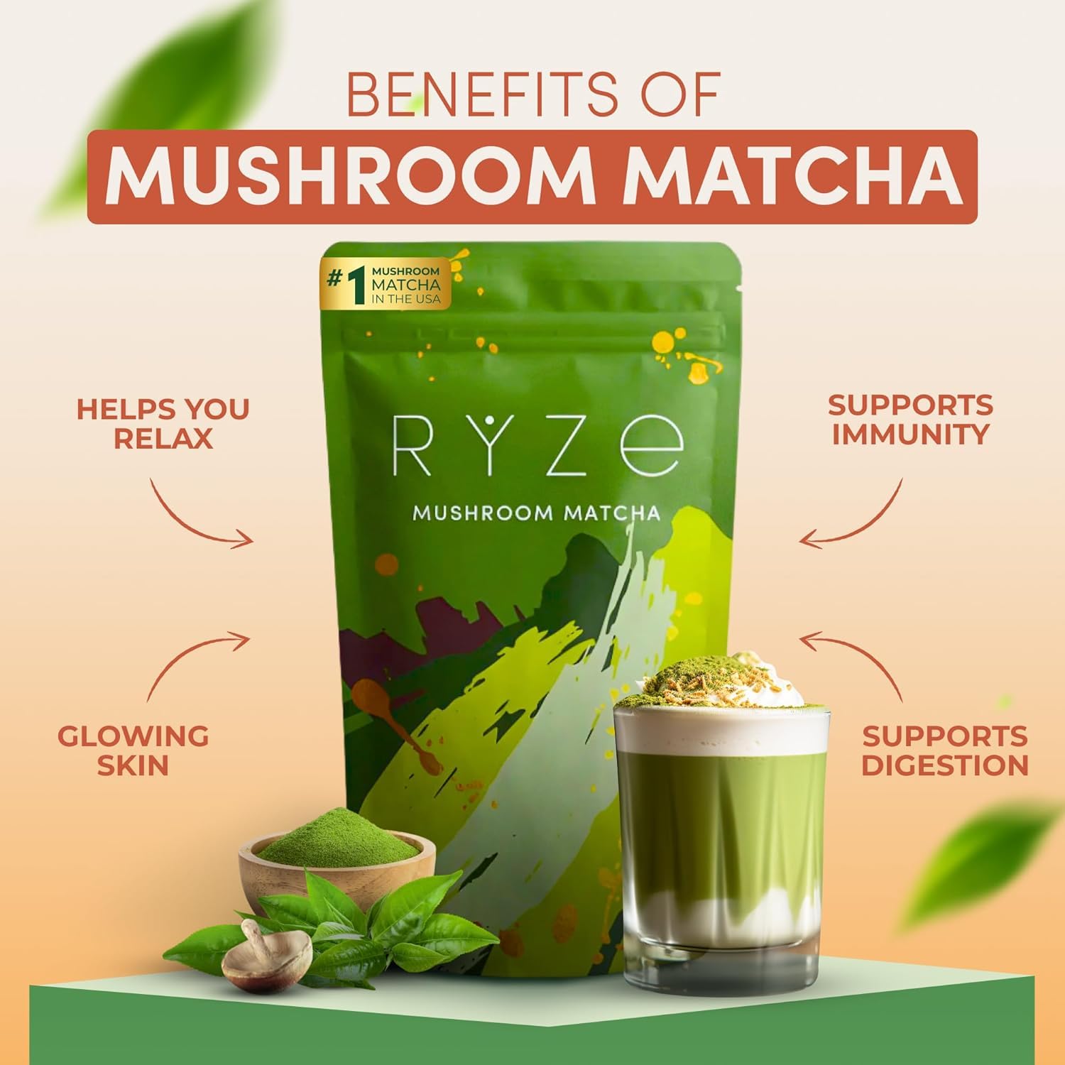 RYZE SUPERFOODS persona preparando bebida matutina, enfoque y calma