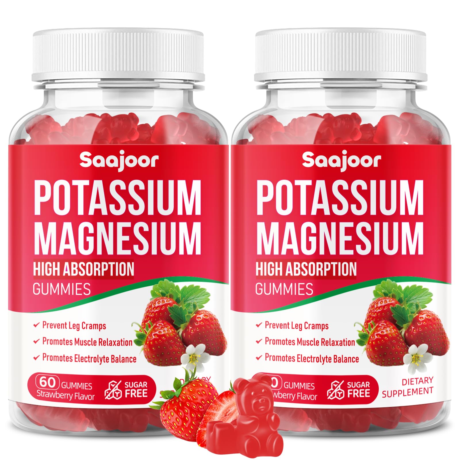 Frasco Saajoor Potassium Magnesium Gummies vista frontal con sabor fresa y beneficios visibles