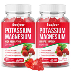 Frasco Saajoor Potassium Magnesium Gummies vista frontal con sabor fresa y beneficios visibles