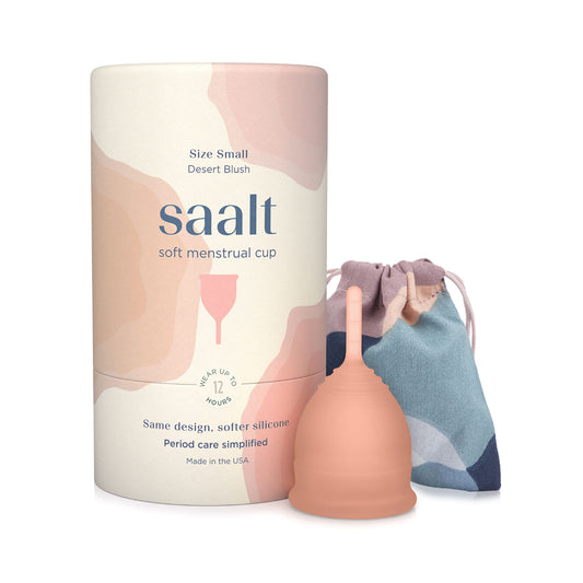 Saalt Soft copa menstrual, vista general en tono desierto rosado, protección cómoda.