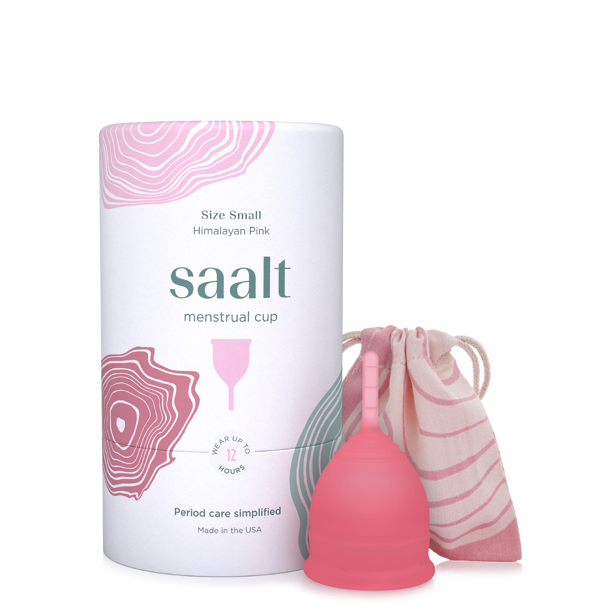 saalt copa menstrual frontal del empaque mostrando la marca y beneficio reutilizable
