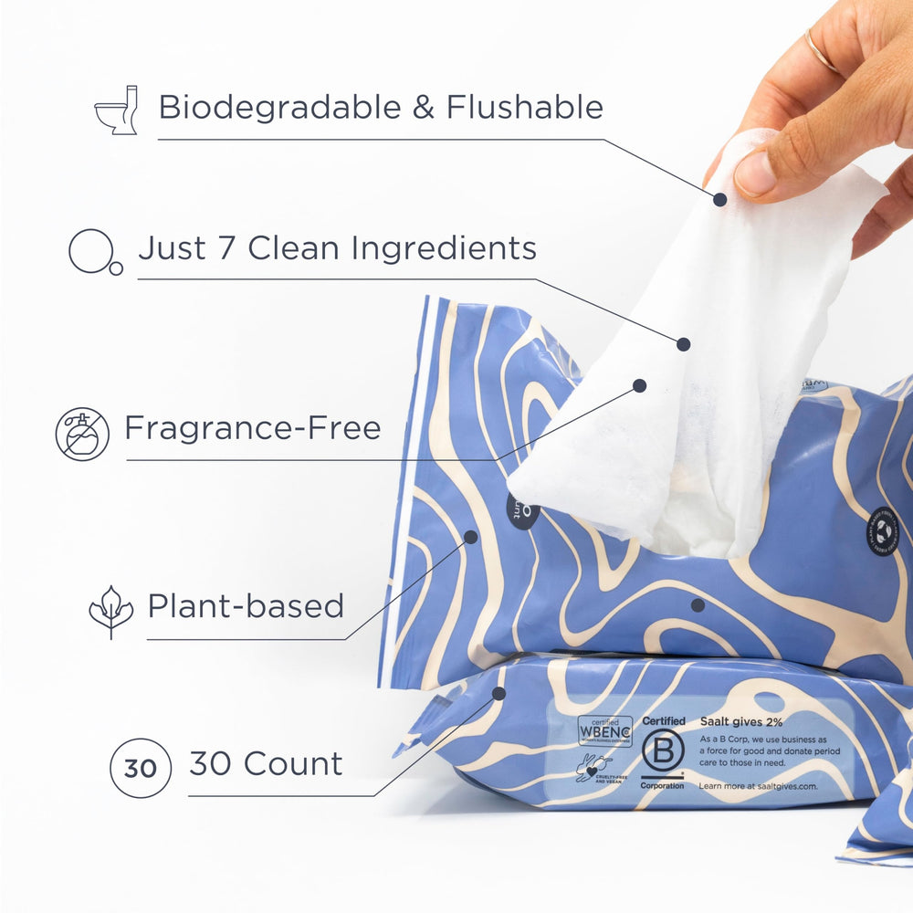 Saalt Toallitas Íntimas sin fragancia, respaldo suave para piel sensible.