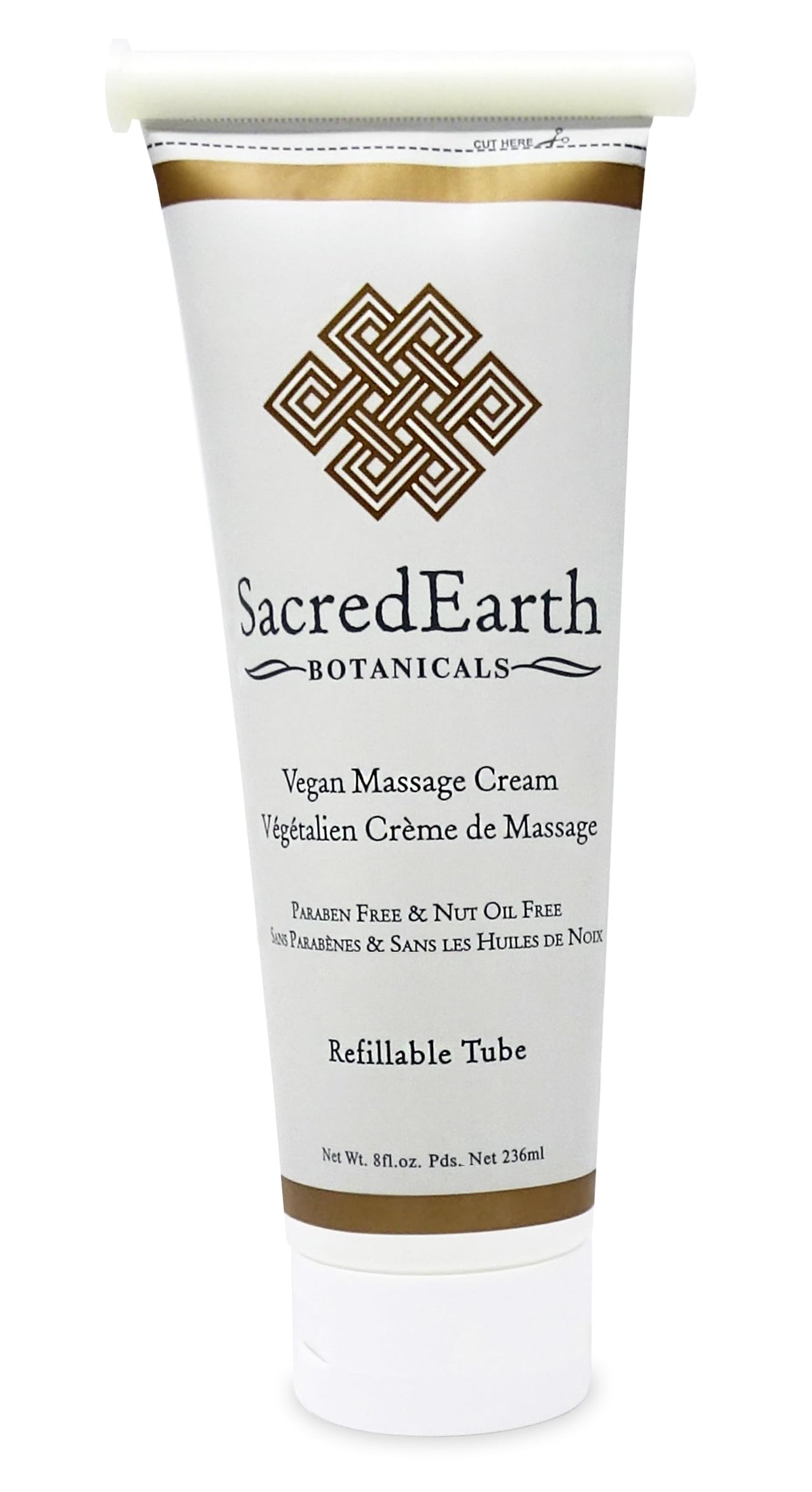 Sacred Earth Botanicals tubo frontal mostrando etiqueta clara y uso profesional