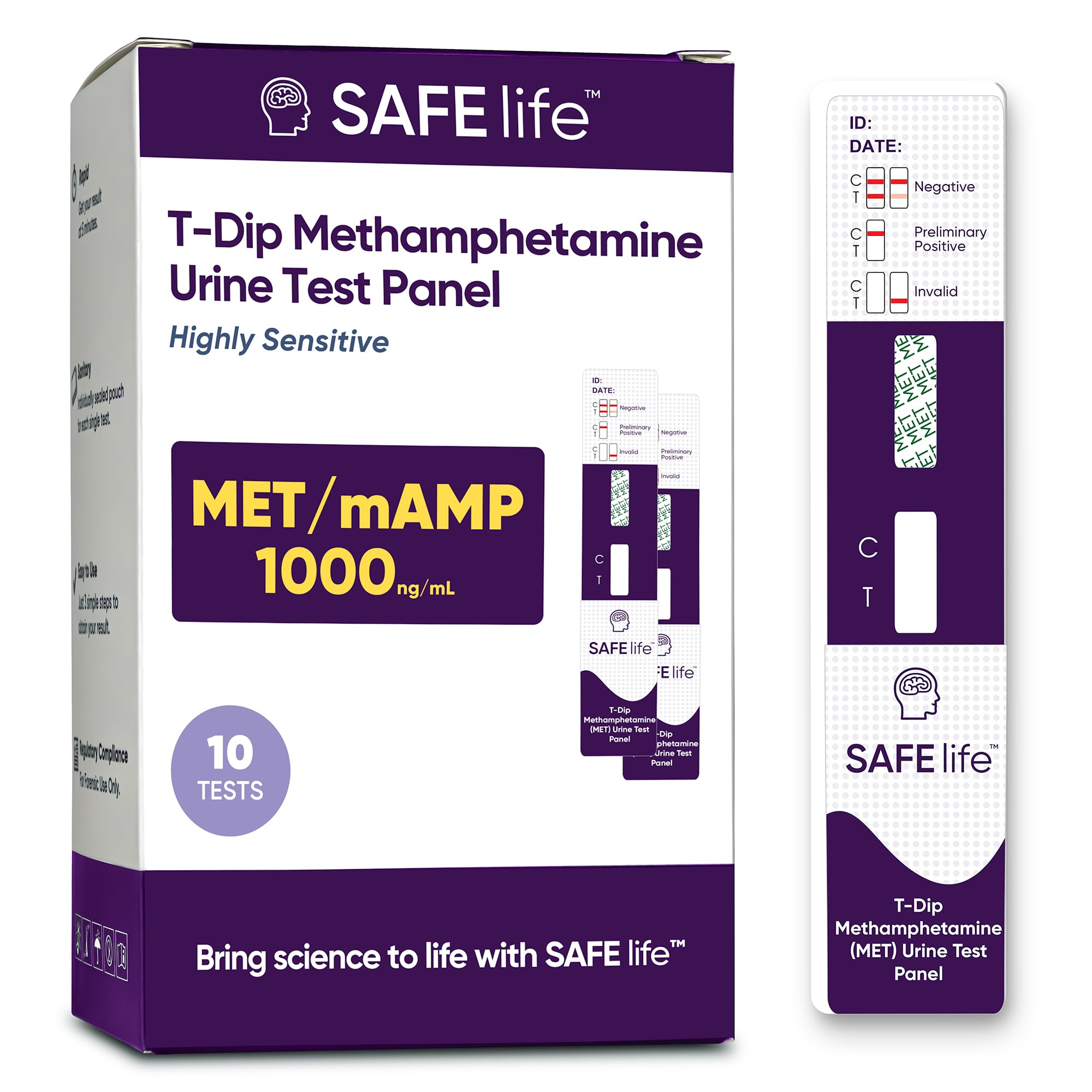 SAFE LIFE frente del empaque mostrando 10 pruebas, rapidez y discreción