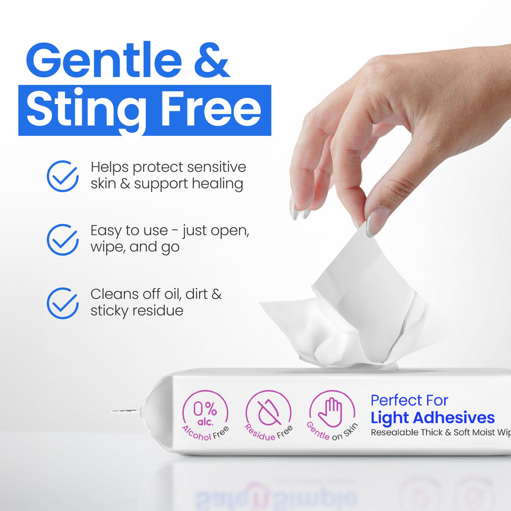 Safe n' Simple toallita retirando residuo pegajoso, piel lista para reponer apósito