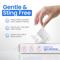 Safe n' Simple toallita retirando residuo pegajoso, piel lista para reponer apósito