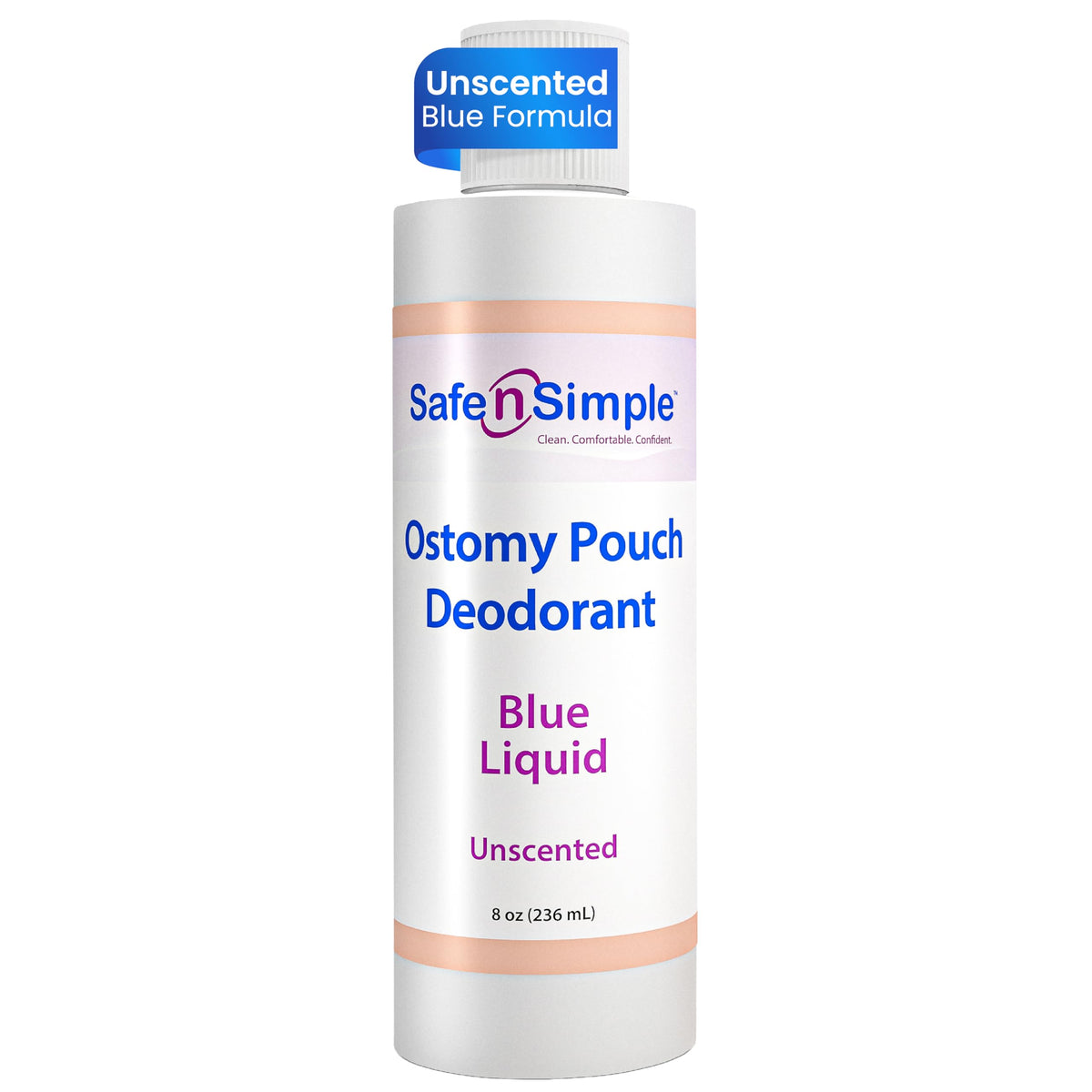 Safe n' Simple botella frontal mostrando diseño y volumen 8 oz, ofrece confianza discreta