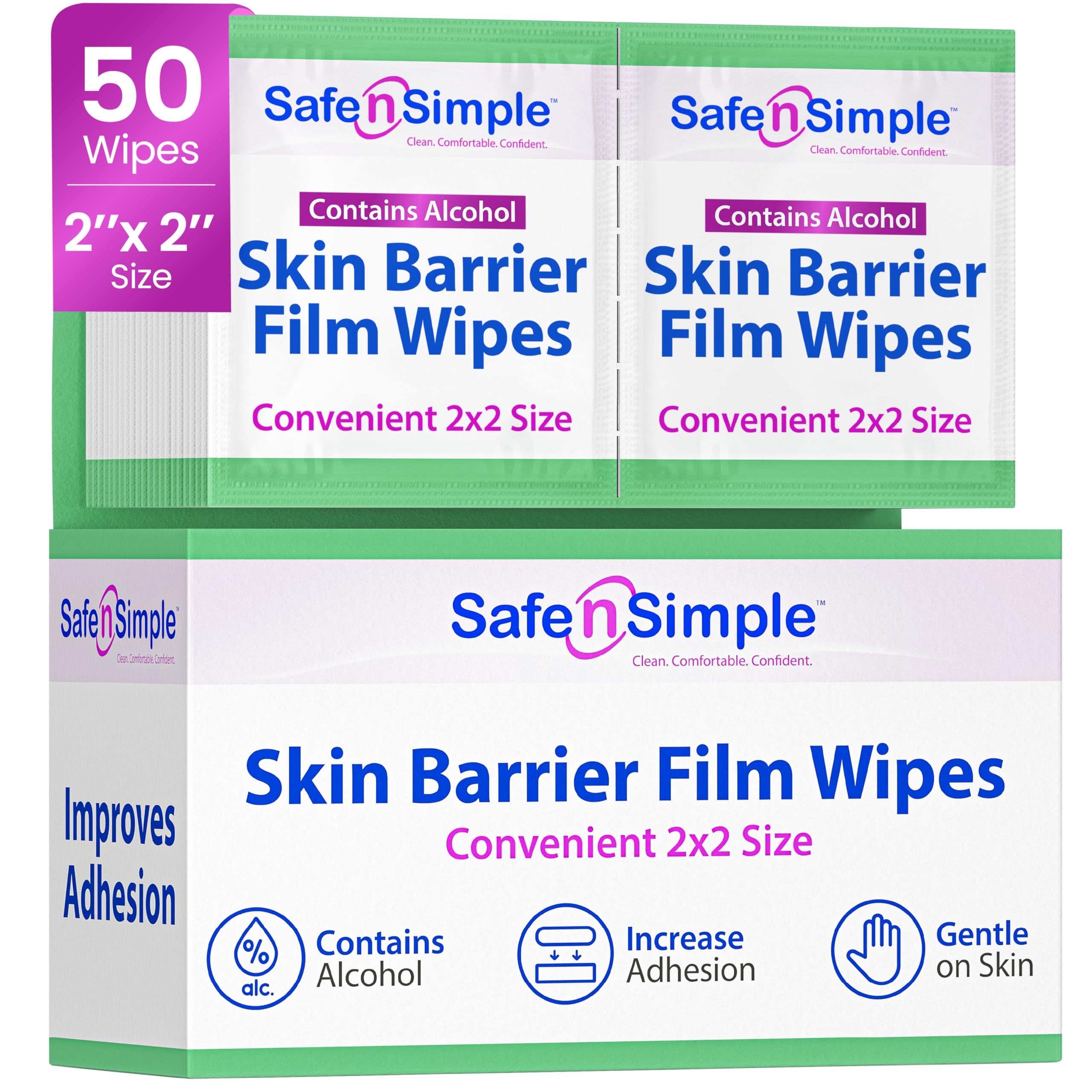 Safe n' Simple empaque frontal mostrando 50 toallitas, facilidad de transporte