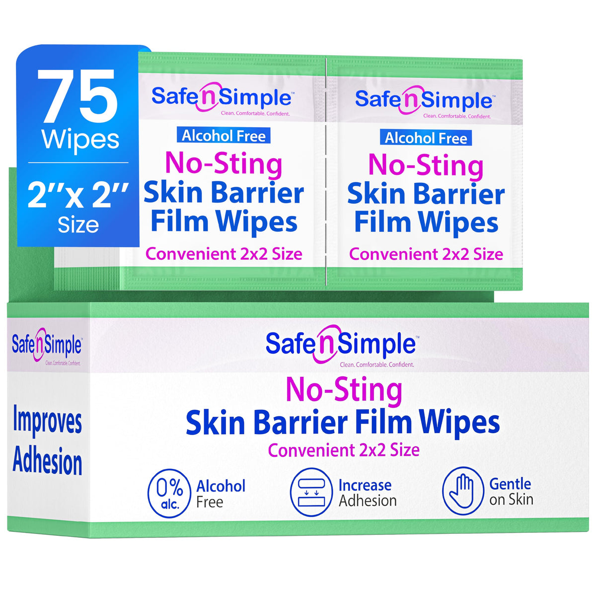 Safe n' Simple empaque frontal mostrando 75 toallitas, conveniencia y almacenamiento