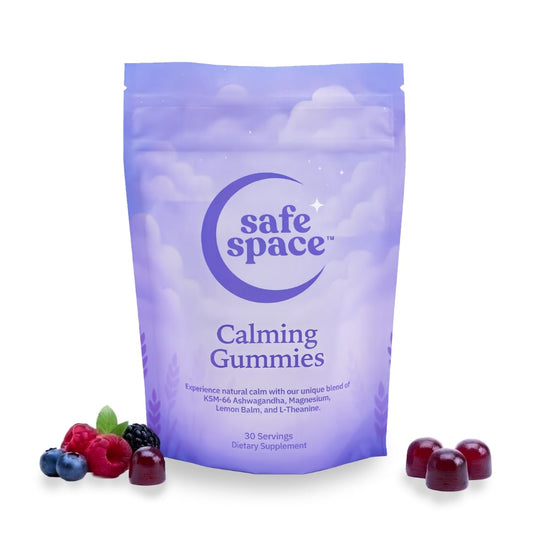 Safe Space empaque delantero que muestra 60 gominolas y beneficios visibles