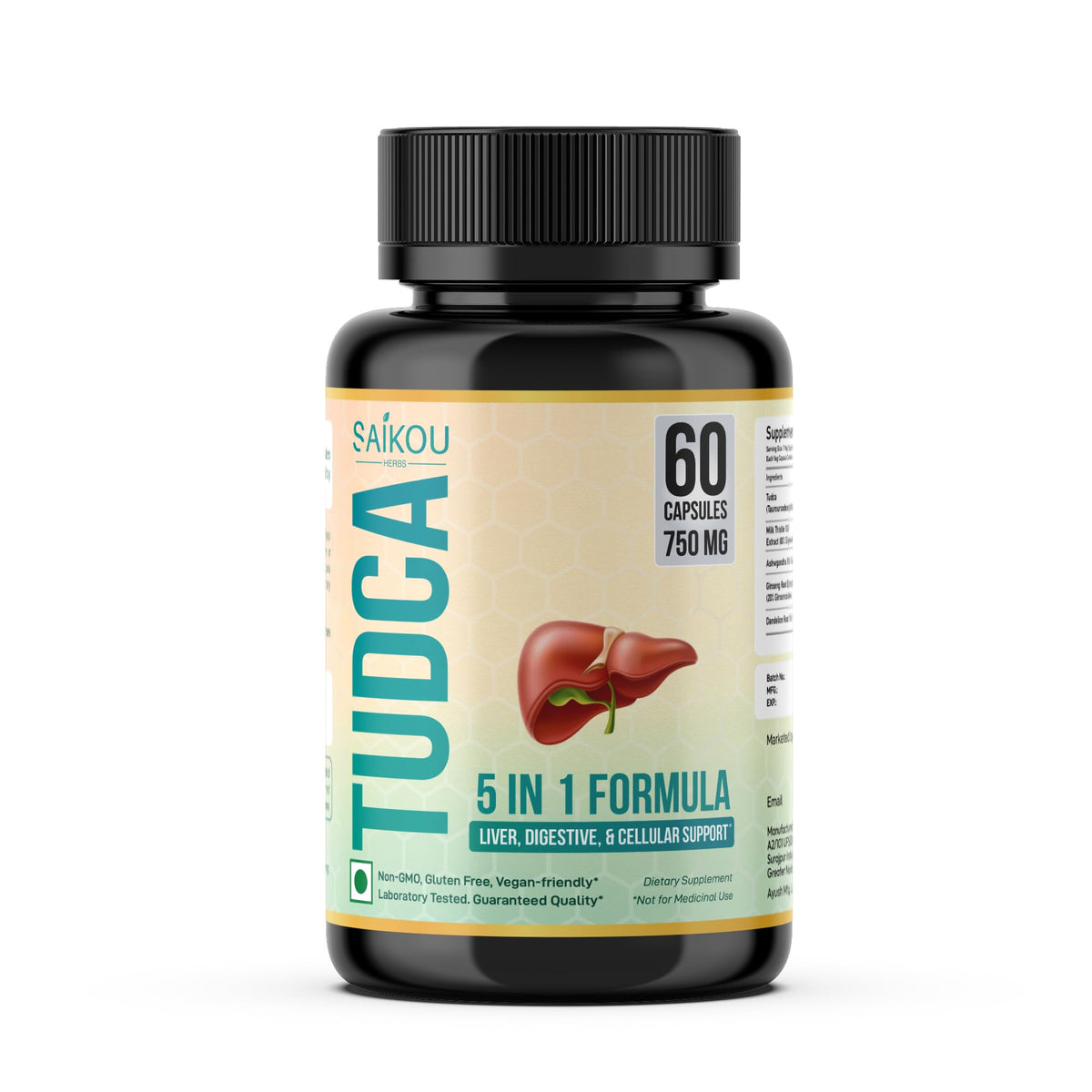 SAIKOU HERBS envase frontal mostrando fórmula 5 en 1 y beneficios claros