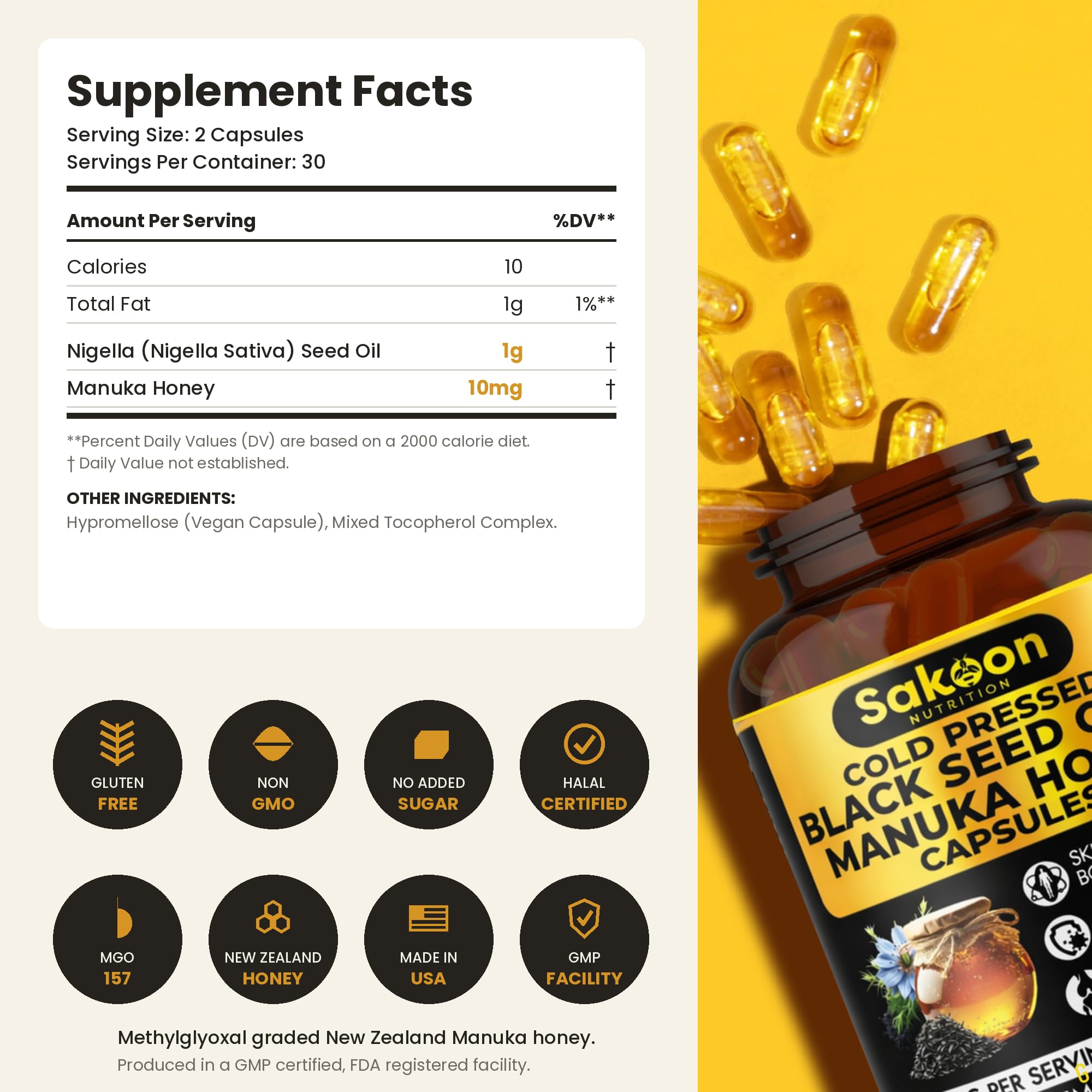 Sakoon nutrition etiqueta con origen turco y miel de Manuka