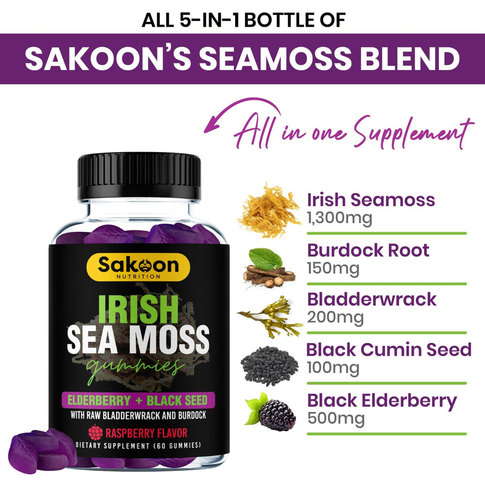 Sakoon nutrition ingredientes: seamoss, elderberry y black seed juntos