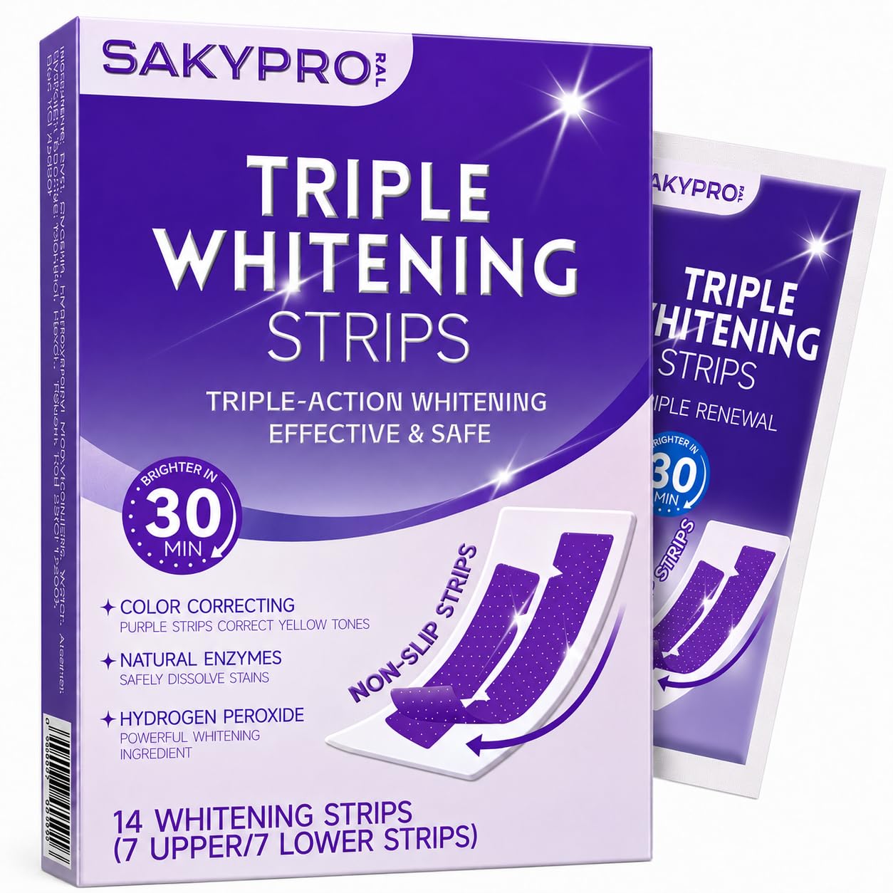 SAKYPRORAL empaque frontal morado mostrando 14 tiras y beneficios