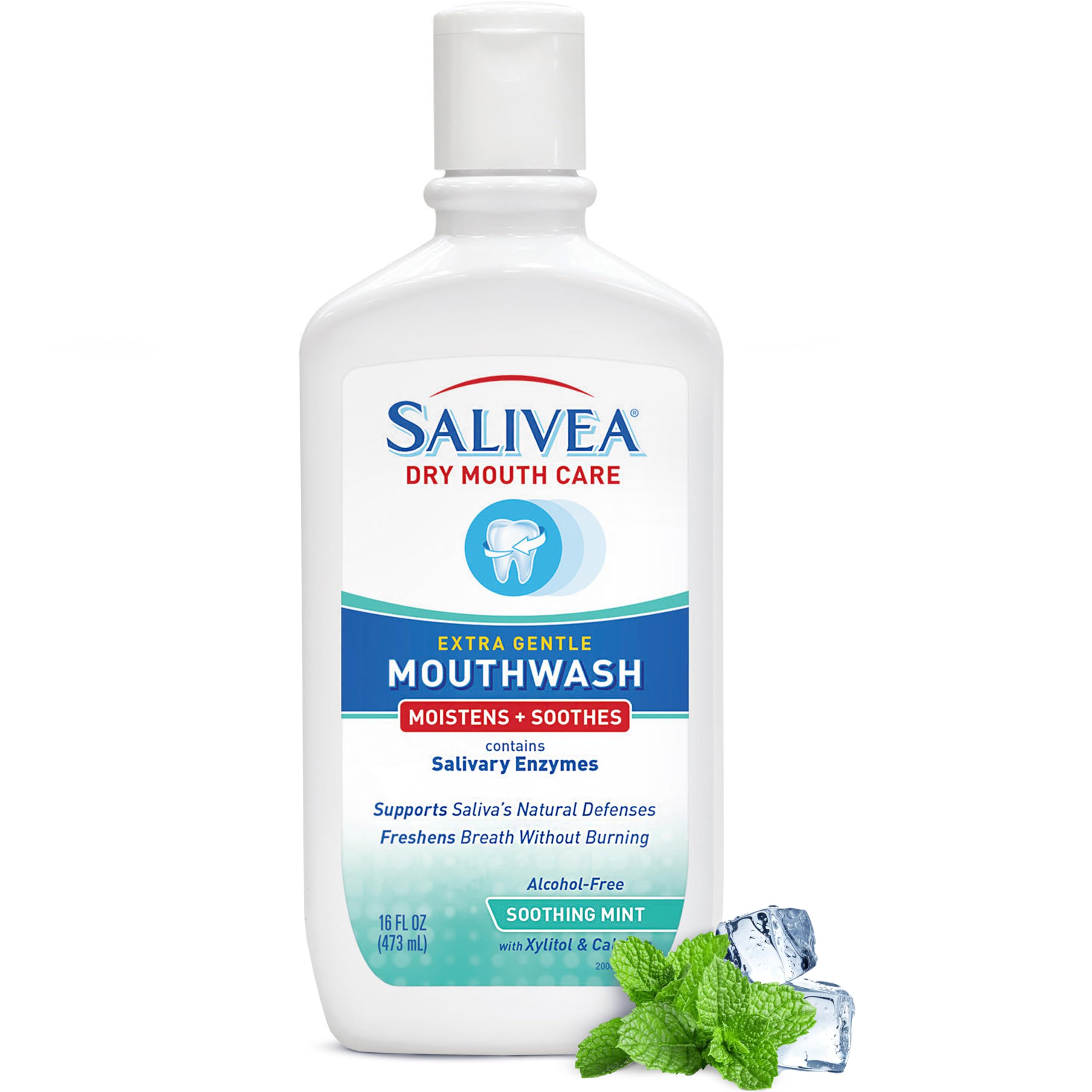 Salivea botella frontal mostrando etiqueta y volumen 16 oz, comodidad diaria