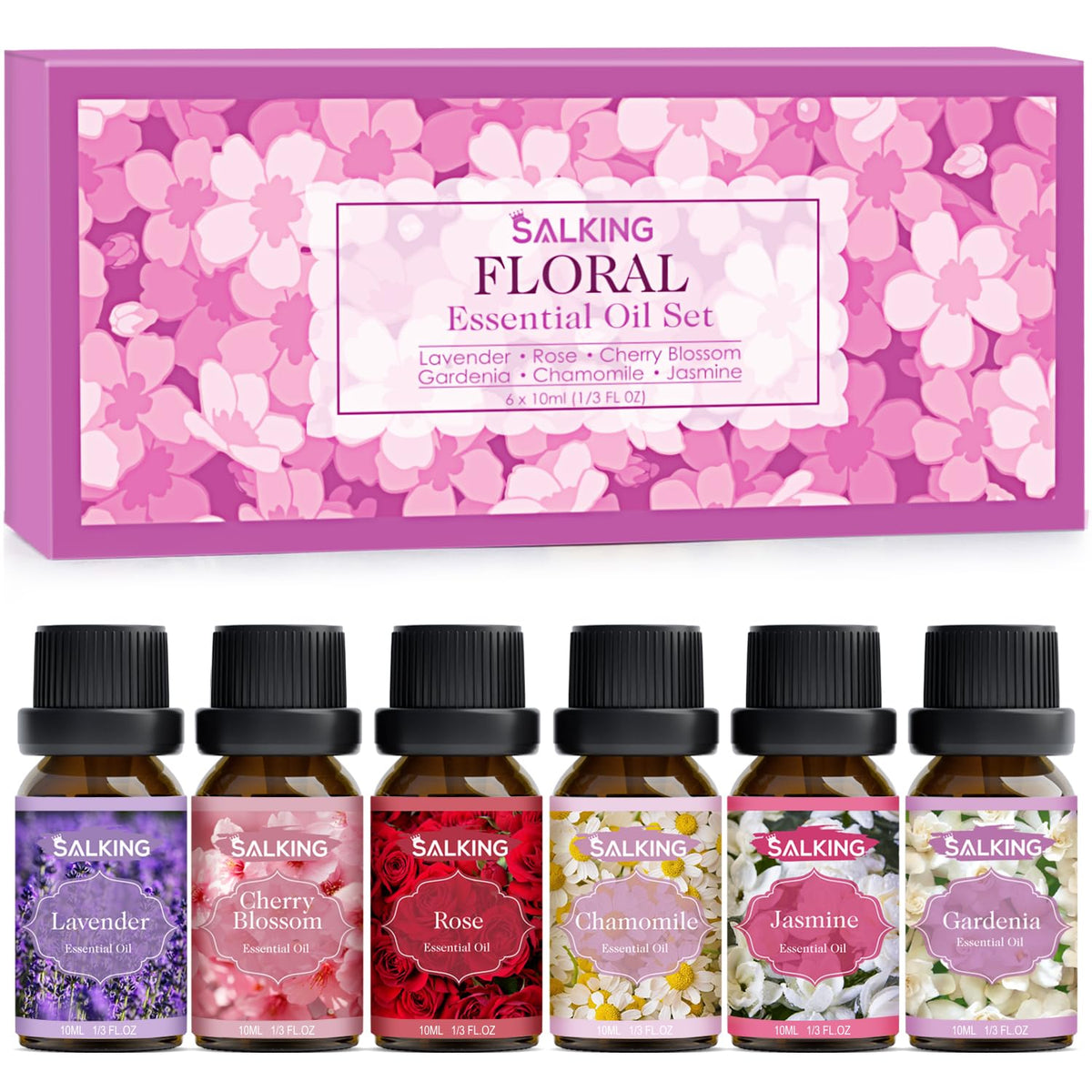 SALKING set frontal con seis botellas ámbar mostrando variedad floral y conservación