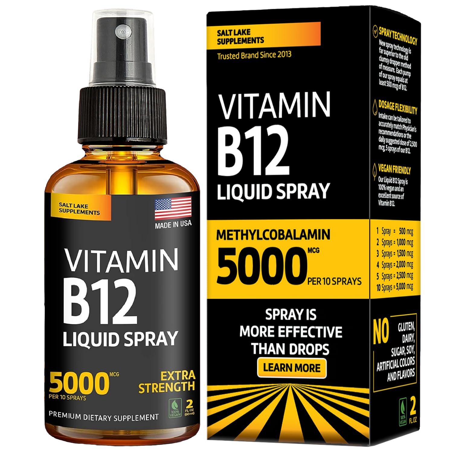 Salt Lake Supplements spray B12 frontal mostrando botella compacta y etiqueta clara para transporte