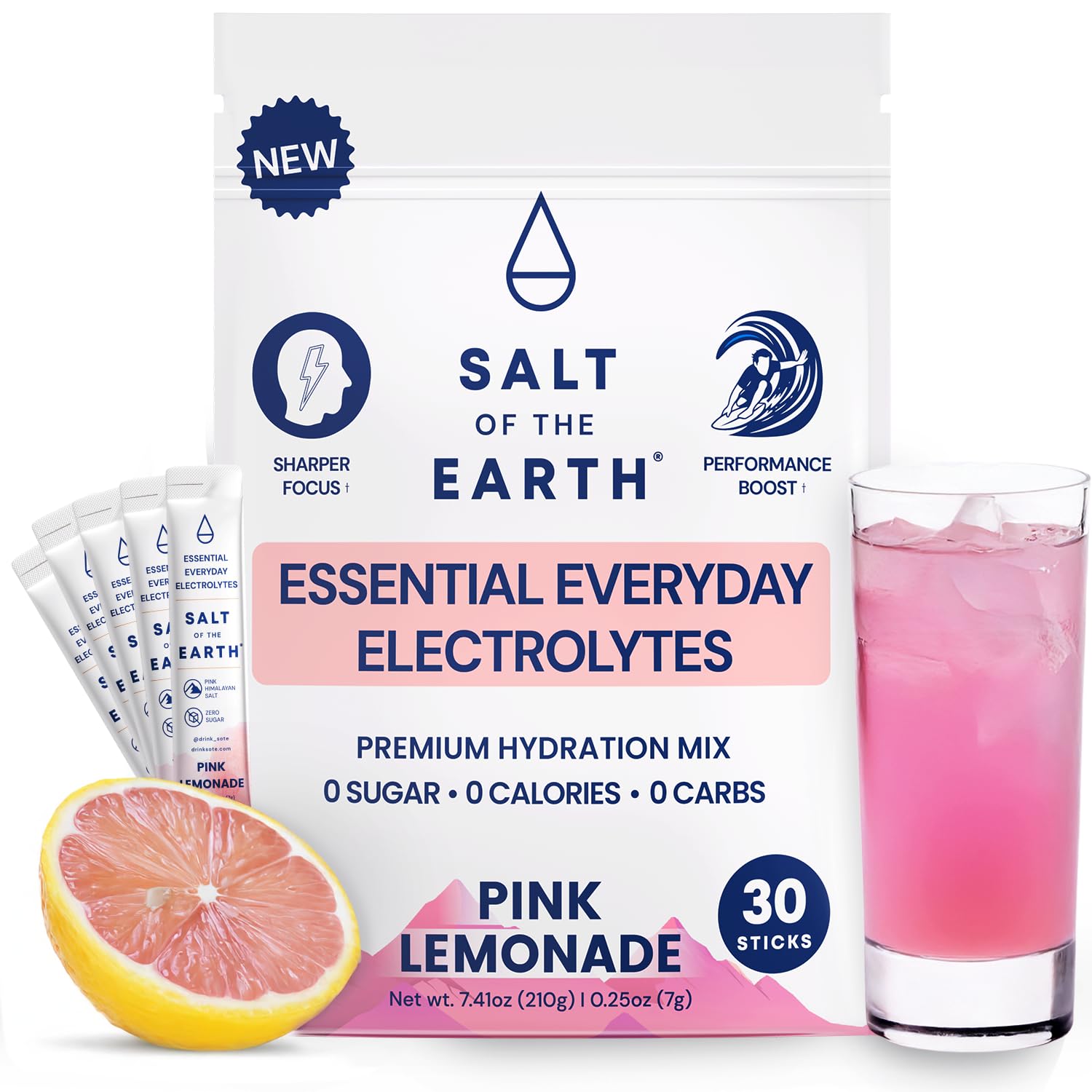 Salt of the Earth frente del empaque mostrando 30 sobres y beneficios claros