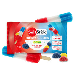 SaltStick envase delantero Sour Pop Rocket mostrando diseño y beneficio energía rápida