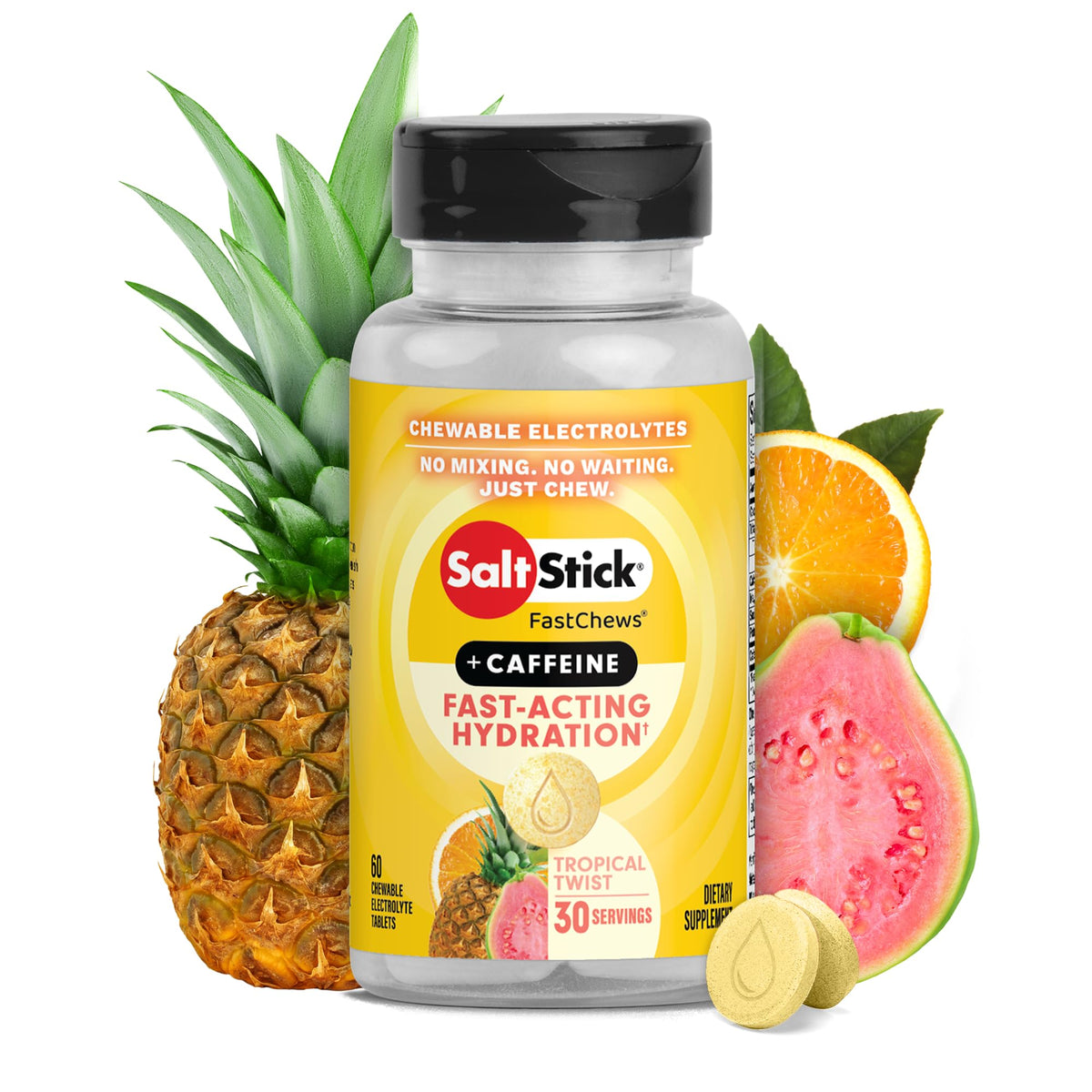 SaltStick envase frontal Tropical Twist mostrando formato y beneficio portátil