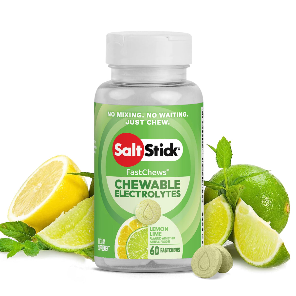 SaltStick envase frontal FastChews limón-lima mostrando diseño y beneficio portable