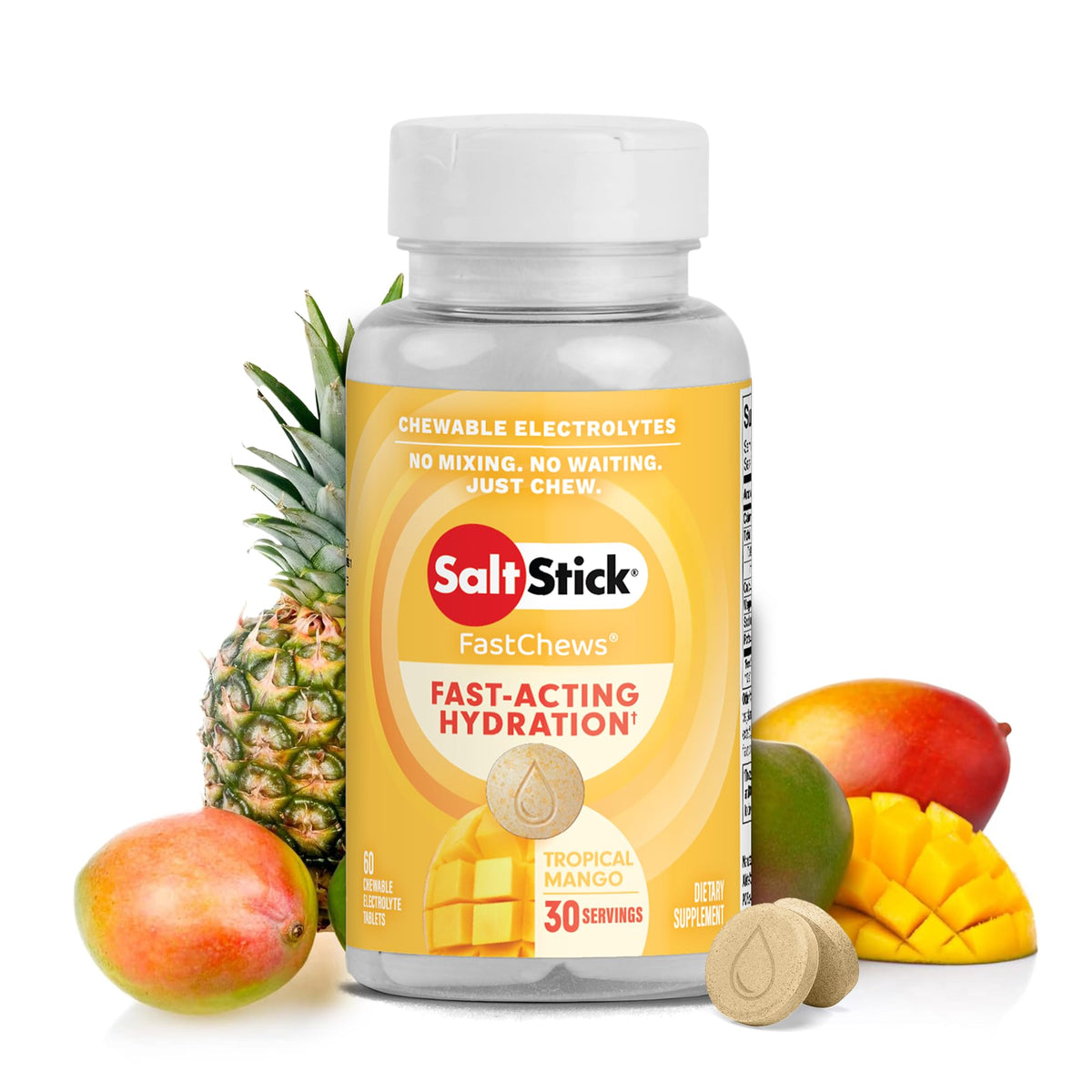 SaltStick envase frontal FastChews Mango mostrando 60 tabletas y conveniencia portátil