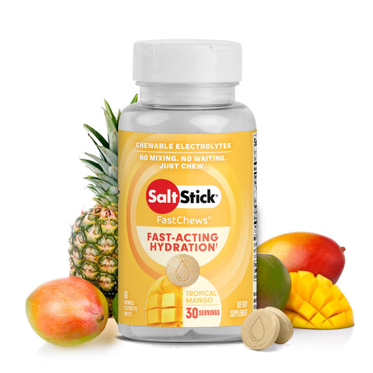 SaltStick envase frontal FastChews Mango mostrando 60 tabletas y conveniencia portátil