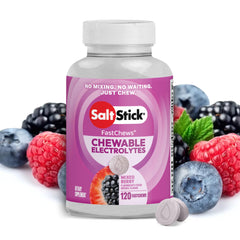 SaltStick envase frontal FastChews Mixed Berry mostrando cantidad y marca