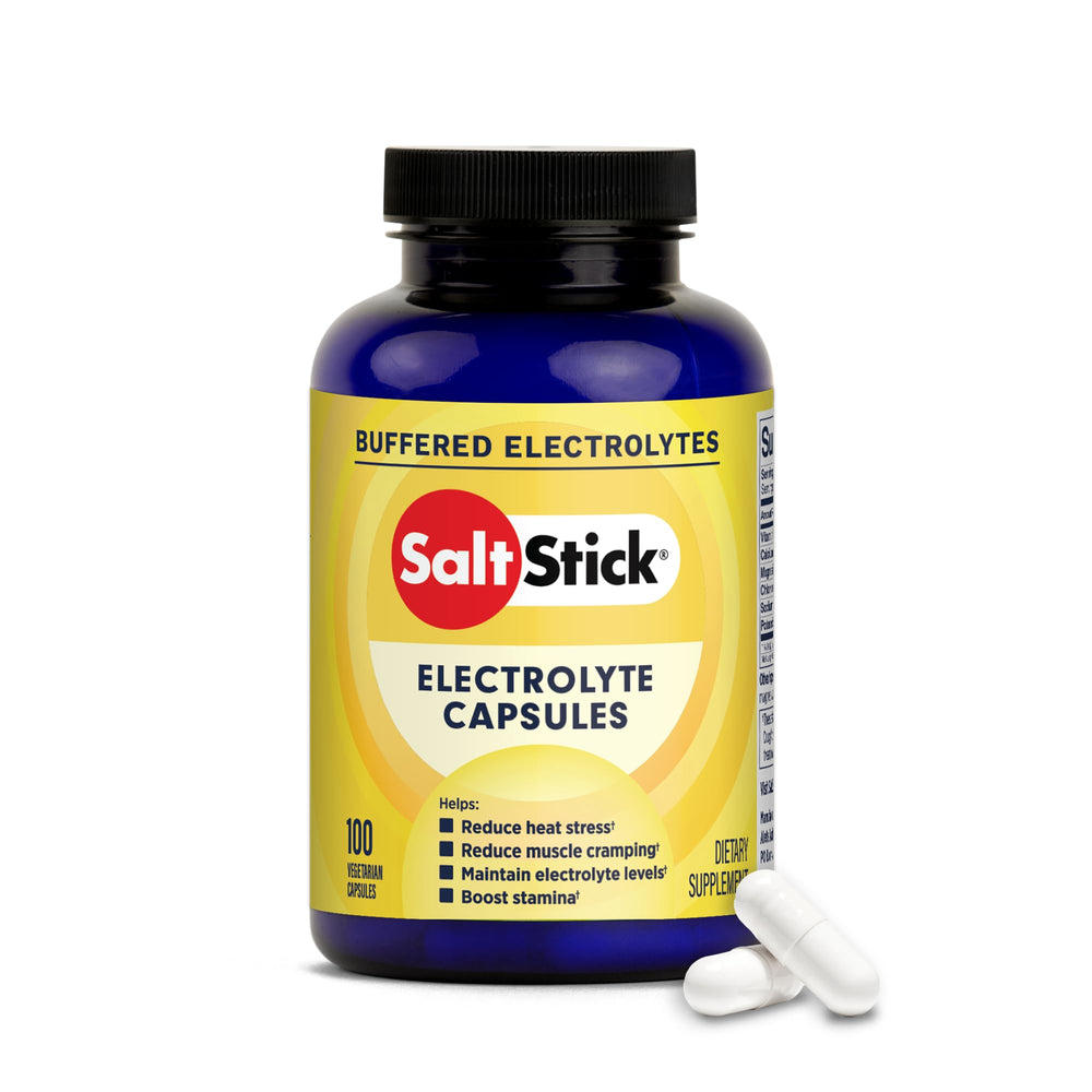 SaltStick frente del envase mostrando 100 cápsulas y beneficio práctico