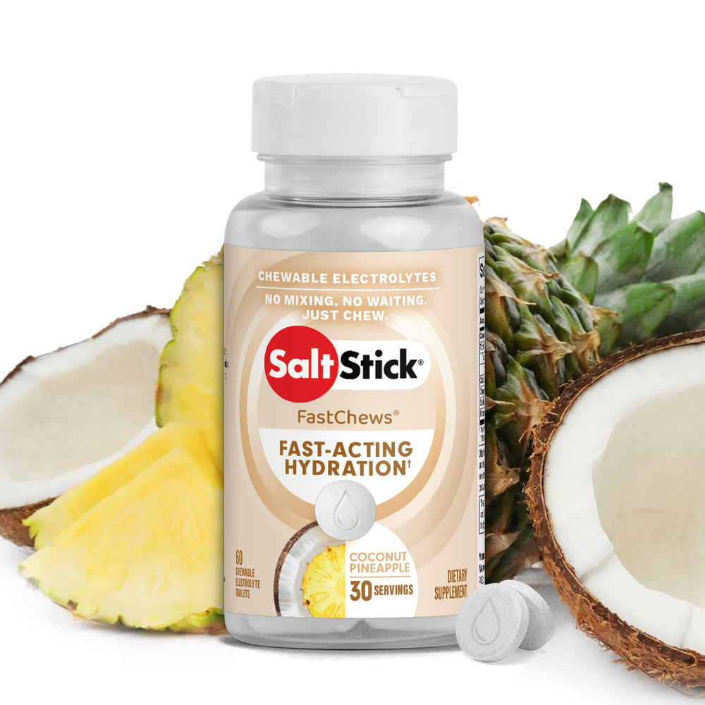 SaltStick envase frontal mostrando 60 tabletas masticables y beneficio de reposición rápida