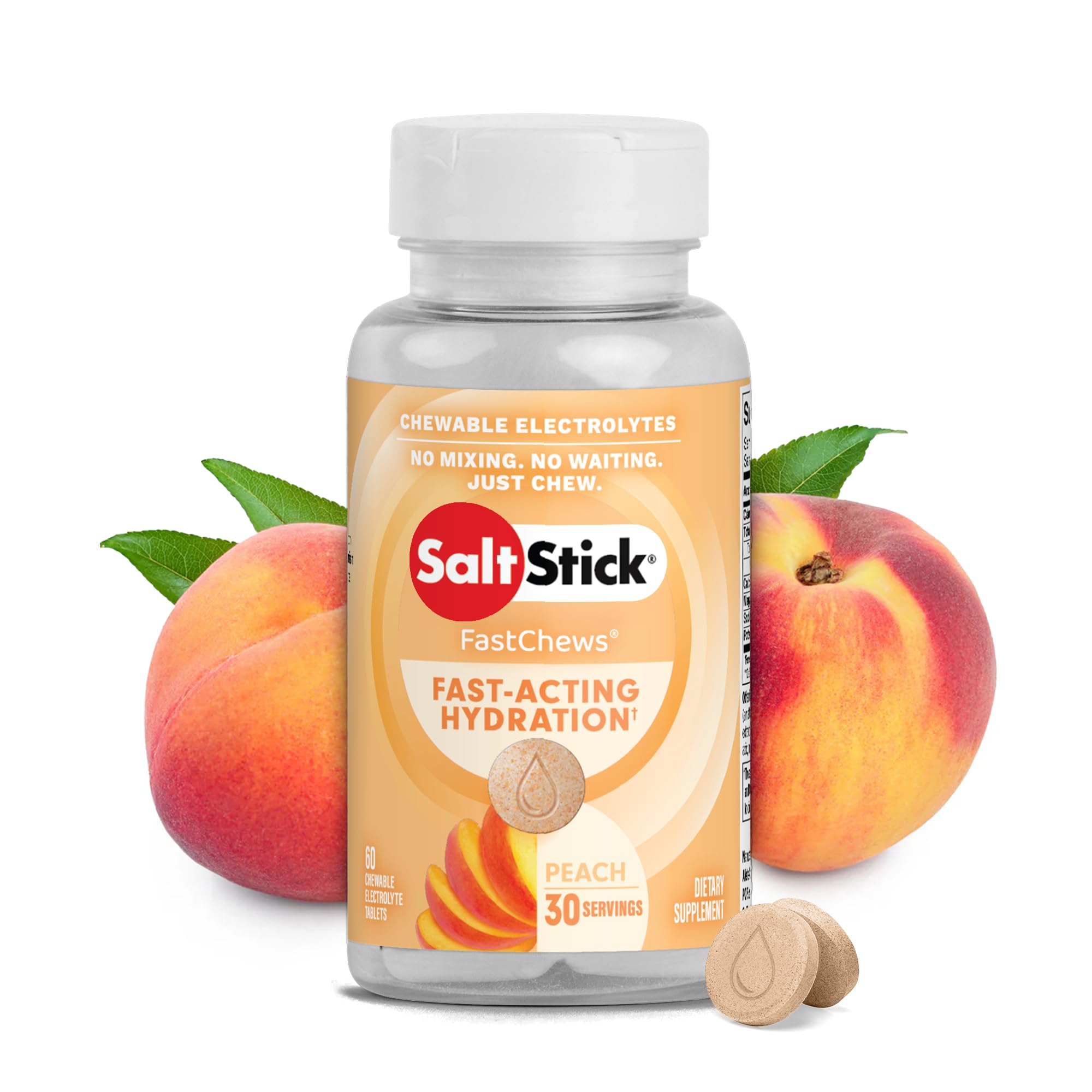 SaltStick frente del envase durazno mostrando portabilidad y sabor