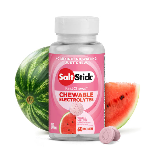 SaltStick paquete frontal sabor sandía mostrando 60 pastillas beneficio práctico