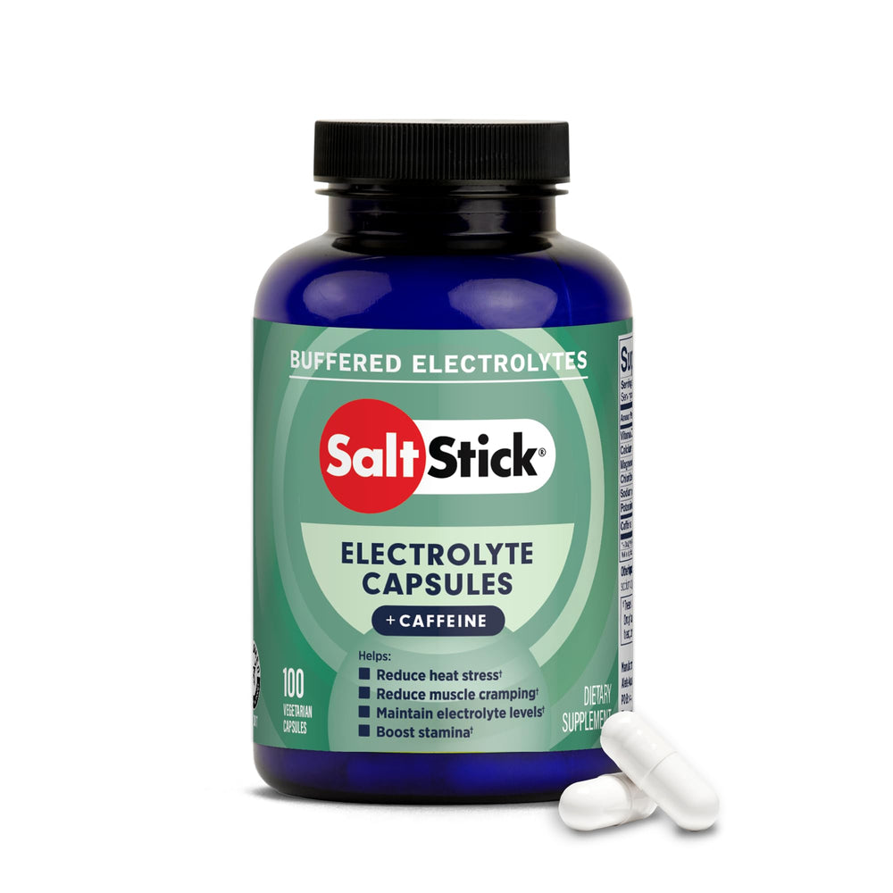 SaltStick envase frontal mostrando 100 cápsulas y beneficios