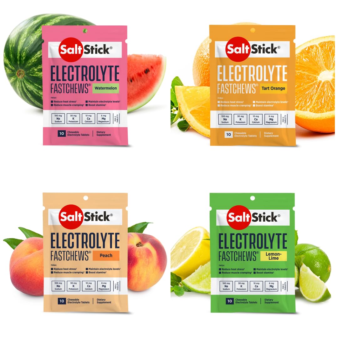 SaltStick envase frontal mostrando variedad de sabores y portabilidad