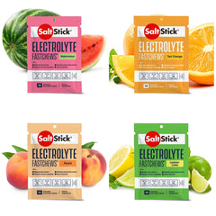 SaltStick envase frontal mostrando variedad de sabores y portabilidad