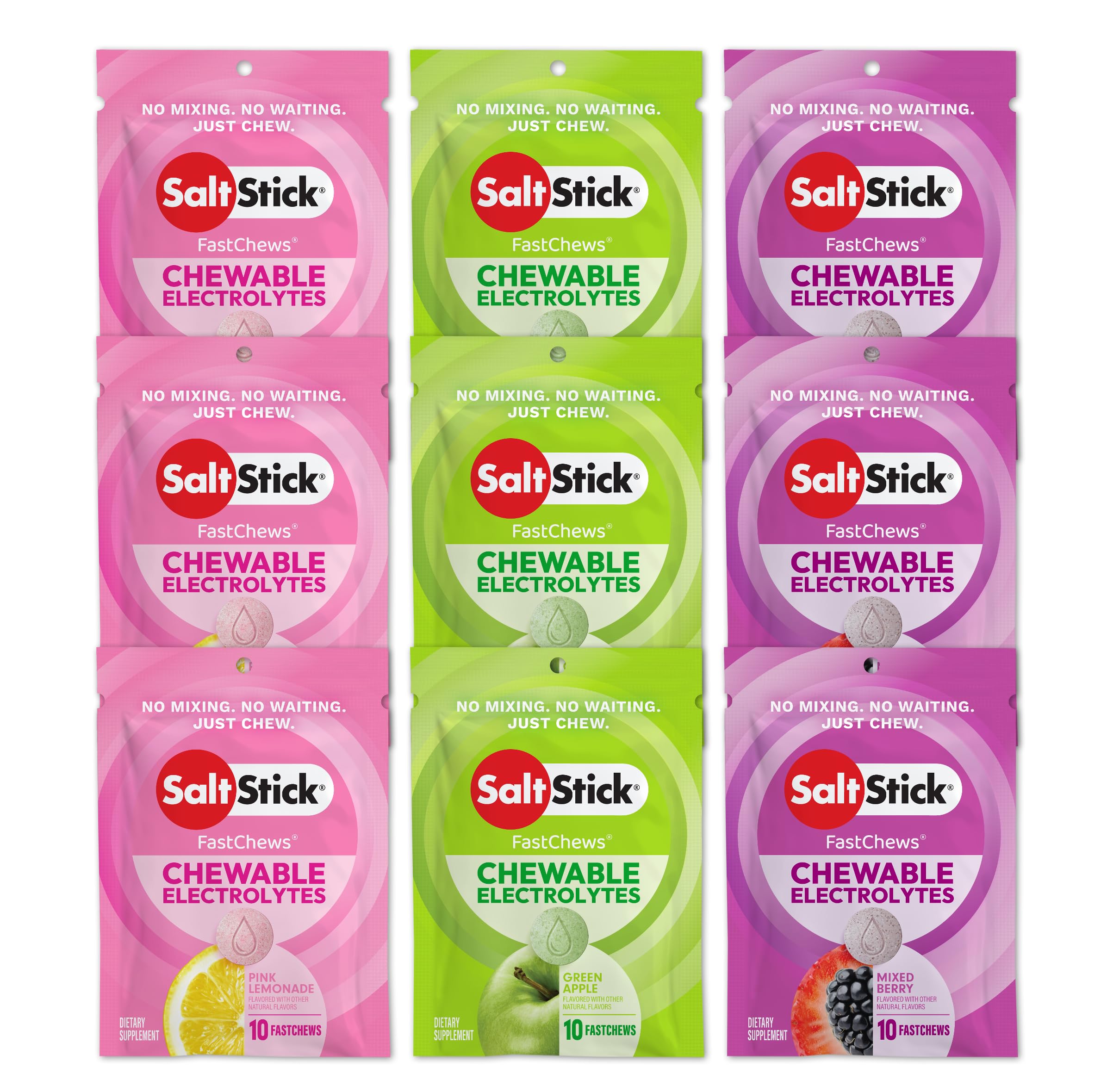 SaltStick pack frontal que muestra 90 tabletas para reposición rápida
